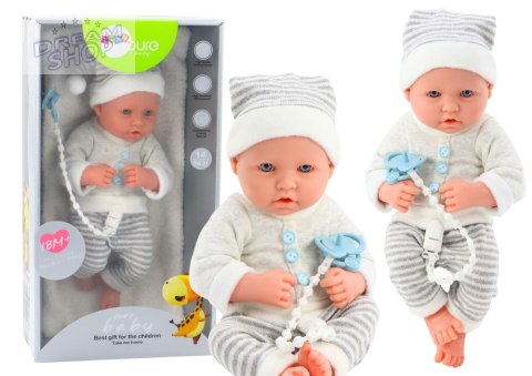 Lalka Bobas w Biało-Siwym Ubranku W Paski Czapeczka Smoczek Kołderka Lalka Bobas w Biało-Siwym Ubranku W Paski Czapeczka Smoczek Kołderka