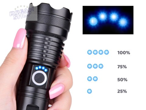 Mocna Latarka LED akumulatorowa USB wodoodporna SP0799 Mocna Latarka LED akumulatorowa USB wodoodporna SP0799