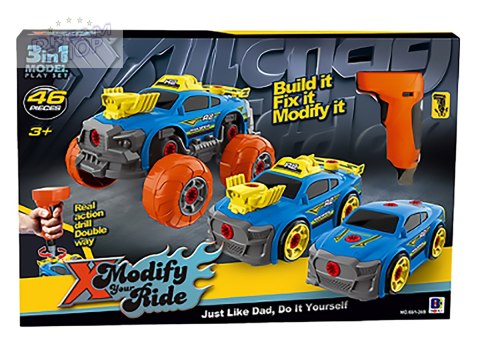 Sportowy, Terenowy Samochód do rozkręcania i skręcania 3w1 TUNING + Wkrętarka, Monster Truck Sportowy, Terenowy Samochód do rozkręcania i skręcania 3w1 TUNING + Wkrętarka, Monster Truck