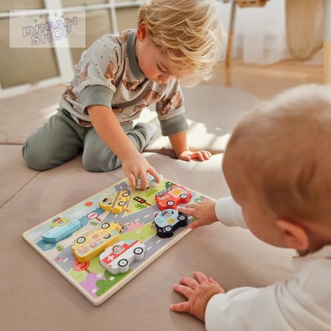 Tooky Toy Drewniane Puzzle Pojazdy Samochody Samolot Statek Miasto Dopasuj Kształty