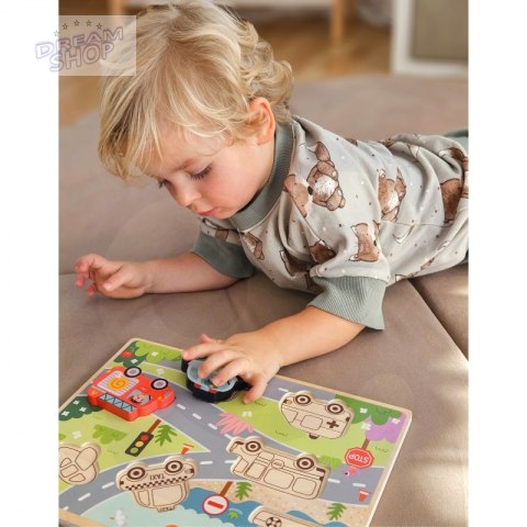 Tooky Toy Drewniane Puzzle Pojazdy Samochody Samolot Statek Miasto Dopasuj Kształty