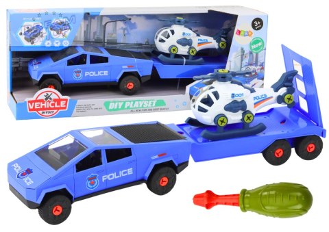 Zestaw Nowoczesne Auto z Helikopterem i Lawetą Do Rozkręcania DIY Niebieski Zestaw Nowoczesne Auto z Helikopterem i Lawetą Do Rozkręcania DIY Niebieski