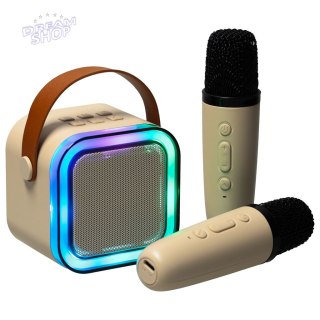 Zestaw do karaoke 2 mikrofony + głośnik przenośny BLUETOOTH USB LED beżowy