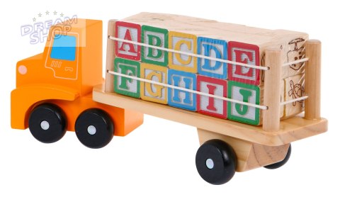 Drewniana Ciężarówka z Naczepą i Klockami dla dzieci 2+ Zabawka edukacyjna + Klocki z literami cyframi Drewniana Ciężarówka z Naczepą i Klockami dla dzieci 2+ Zabawka edukacyjna + Klocki z literami cyframi