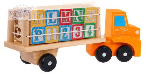 Drewniana Ciężarówka z Naczepą i Klockami dla dzieci 2+ Zabawka edukacyjna + Klocki z literami cyframi Drewniana Ciężarówka z Naczepą i Klockami dla dzieci 2+ Zabawka edukacyjna + Klocki z literami cyframi