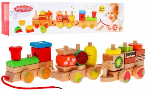 Drewniana lokomotywa z sorterami dla dzieci 3+ Zabawka sensoryczna + 27 klocków Drewniana lokomotywa z sorterami dla dzieci 3+ Zabawka sensoryczna + 27 klocków
