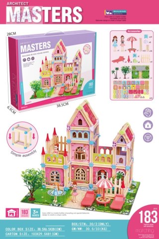 Drewniany Domek Księżniczek z Klocków 183 el. dla dzieci 3+ Elementy konstrukcyjne + 2 Figurki Księżniczek + Akcesoria