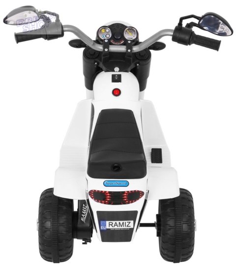 Motorek MiniBike na akumulator dla dzieci Biały + Dźwięki + Światła LED + Ekoskóra