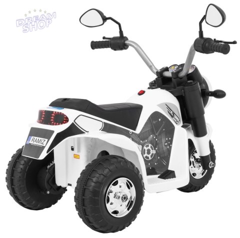 Motorek MiniBike na akumulator dla dzieci Biały + Dźwięki + Światła LED + Ekoskóra