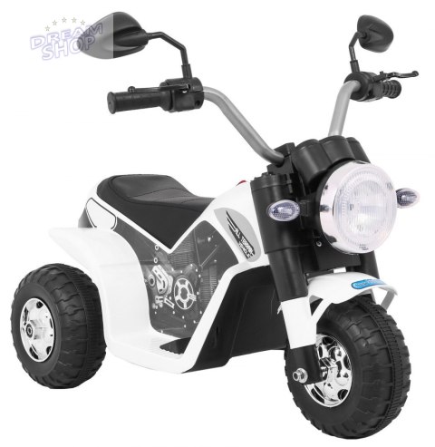 Motorek MiniBike na akumulator dla dzieci Biały + Dźwięki + Światła LED + Ekoskóra