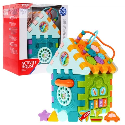 Multidomek sensoryczny dla dzieci 18m+ Mini gry 9 Puzzli + Sortery + Przeplatanka + Zegar