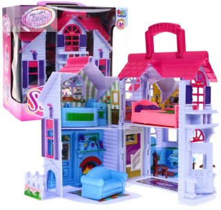Rozkładana Domek dla dzieci 3+ Fioletowy + Figurki rodziny + Piesek + Meble + 2 piętra