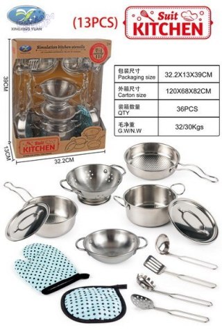 Zestaw Metalowych Garnków dla dzieci 3+ Przybory Kuchenne + Fartuch + Akcesoria 13 el.