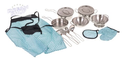 Zestaw Metalowych Garnków dla dzieci 3+ Przybory Kuchenne + Fartuch + Akcesoria 13 el.