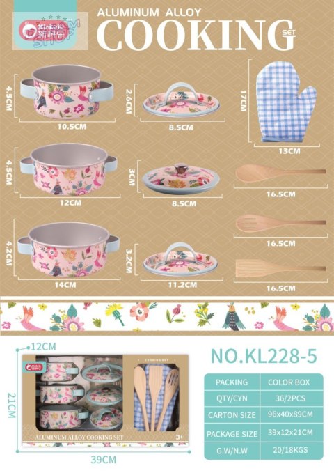 Zestaw aluminiowych Garnków dla dzieci 3+ Akcesoria 10 el. + Przybory kuchenne + Rękawica kuchenna