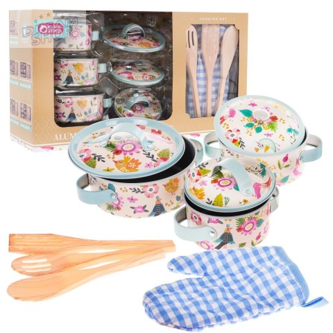 Zestaw aluminiowych Garnków dla dzieci 3+ Akcesoria 10 el. + Przybory kuchenne + Rękawica kuchenna