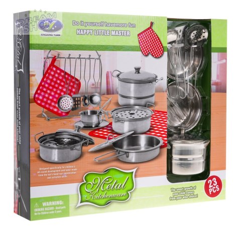 Zestaw metalowych Garnków dla dzieci 3+ Akcesoria 23 el. + Zastawa + Przybory kuchenne + Fartuszek kucharza Zestaw metalowych Garnków dla dzieci 3+ Akcesoria 23 el. + Zastawa + Przybory kuchenne + Fartuszek kucharza