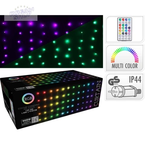 LAMPKI CHOINKOWE KURTYNA ŚWIETLNA ZEW/WEW 120 LED 300X60CM Z PILOTEM RGB