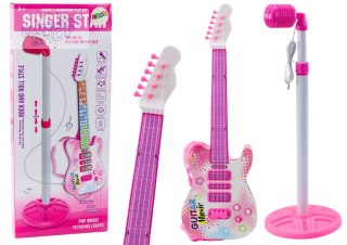 Zestaw Gitara Elektryczna Statyw z Mikrofonem Na Baterie Różowe