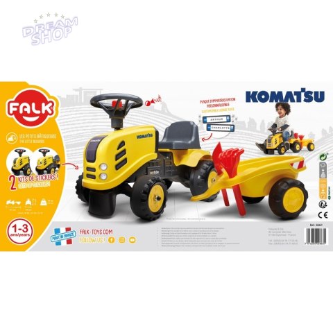 FALK Traktorek Baby Komatsu Żółty z Przyczepką + akc. od 1 roku