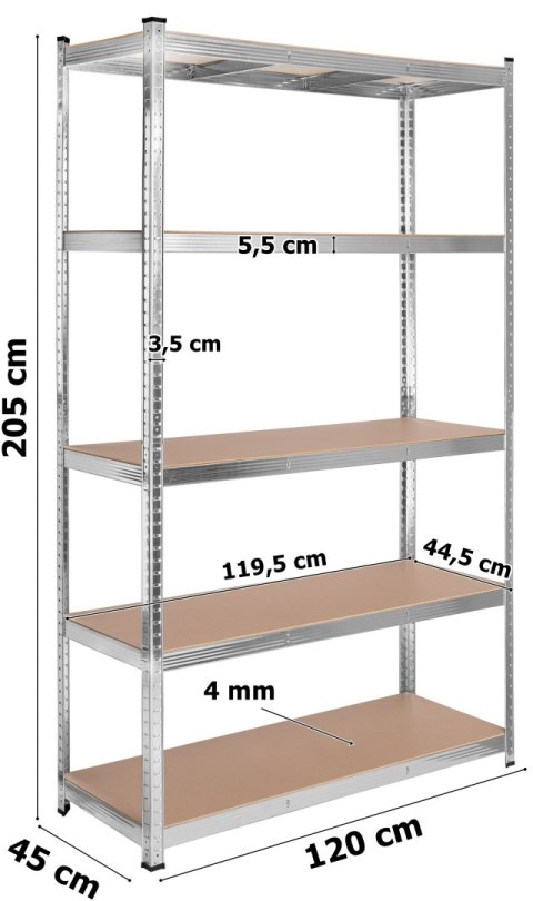 Regał magazynowy 200kg 5 poziomów 205x120x45 cm nośność 1000 kg