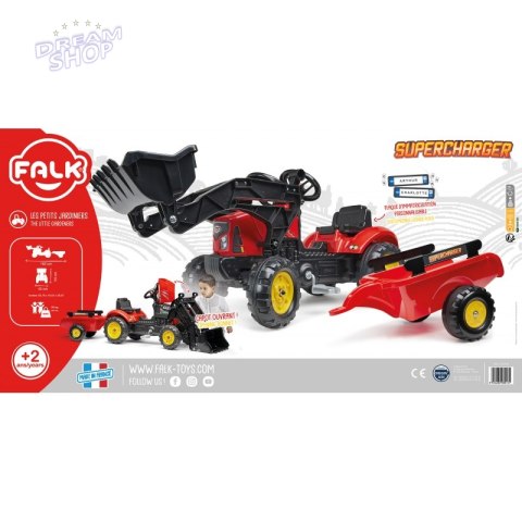 FALK Traktorek Supercharger Czerwony Otwierana Maska z Przyczepką + Łyżka Od 2 Roku Życia