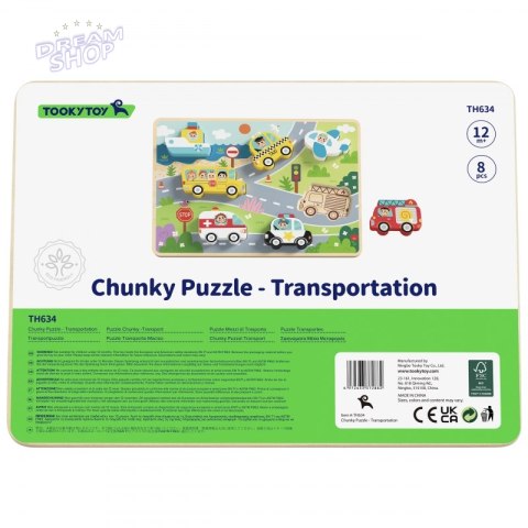 Tooky Toy Drewniane Puzzle Pojazdy Samochody Samolot Statek Miasto Dopasuj Kształty