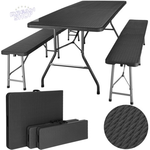 Zestaw cateringowy RATTAN stół 180cm + 2x ławka czarny