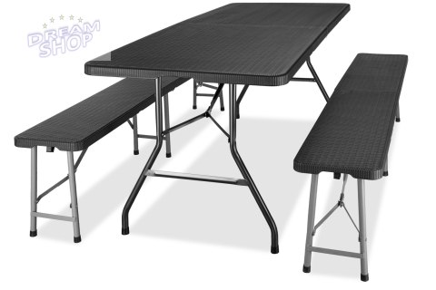 Zestaw cateringowy RATTAN stół 180cm + 2x ławka czarny