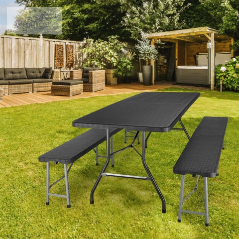 Zestaw cateringowy RATTAN stół 180cm + 2x ławka czarny
