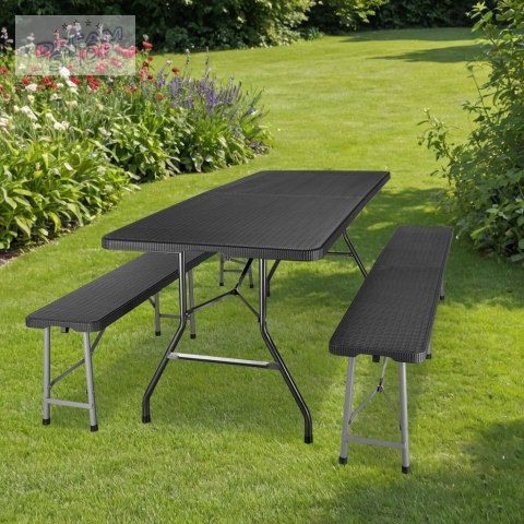 Zestaw cateringowy RATTAN stół 180cm + 2x ławka czarny