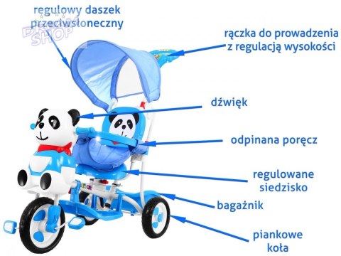 3-kołowy Rowerek dla dzieci Panda Niebieski + Dźwięki + Daszek + Barierka + Podnóżek + Rączka + Płozy + Schowek 3-kołowy Rowerek dla dzieci Panda Niebieski + Dźwięki + Daszek + Barierka + Podnóżek + Rączka + Płozy + Schowek