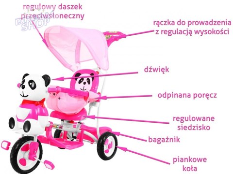 3-kołowy Rowerek dla dzieci Panda Różowy + Dźwięki + Daszek + Barierka + Podnóżek + Rączka + Płozy + Schowek 3-kołowy Rowerek dla dzieci Panda Różowy + Dźwięki + Daszek + Barierka + Podnóżek + Rączka + Płozy + Schowek