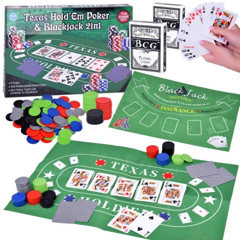 Zestaw Gra karciana 2w1 Poker i BlackJack Żetony + karty + plansza GR0706 Zestaw Gra karciana 2w1 Poker i BlackJack Żetony + karty + plansza GR0706