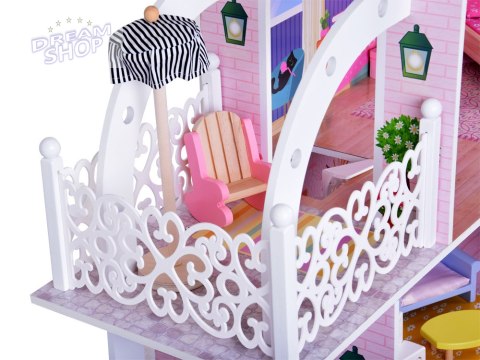 Duży Ażurowy Domek drewniany dla lalek + Winda Garaż Balkon Meble ZA5388