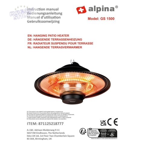 GRZEJNIK OGRODOWY WISZĄCY 1500W Z PILOTEM ALPINA GRZEJNIK OGRODOWY WISZĄCY 1500W Z PILOTEM ALPINA