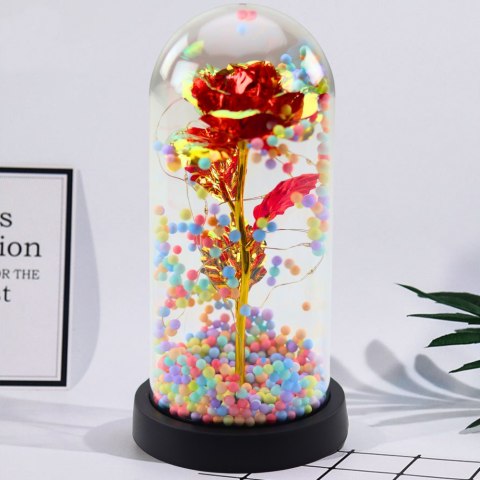 Wieczna Róża W Kopule Kryształowa Oświetlenie LED Kuleczki Czerwona 21x11cm