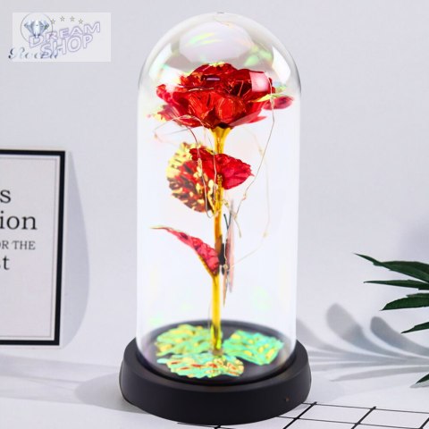 Wieczna Róża W Szle Kryształowa Oświetlenie LED Motylek Czerwona 21x11cm
