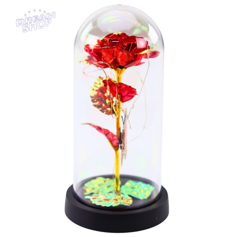 Wieczna Róża W Szle Kryształowa Oświetlenie LED Motylek Czerwona 21x11cm