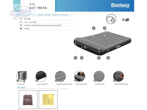 Bestway 2os Dmuchany Materac Tritech Wbudowana pompka USB 191x137cm 671BR Bestway 2os Dmuchany Materac Tritech Wbudowana pompka USB 191x137cm 671BR