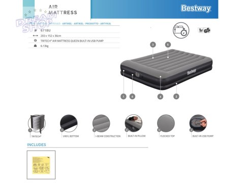 Bestway dmuchany Materac Tritech z wbudowaną pompką USB 152x203cm 671BU Bestway dmuchany Materac Tritech z wbudowaną pompką USB 152x203cm 671BU