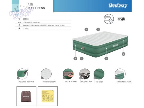Bestway Dmuchany materac dwuosobowy samopompujący 203x152x46cm 69646 Bestway Dmuchany materac dwuosobowy samopompujący 203x152x46cm 69646