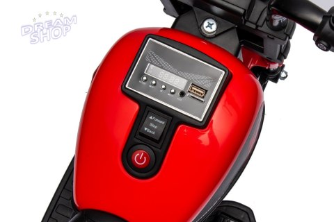 Motorek Chopper FASTER na akumulator dla dzieci Czerwony + Radio FM + Panel audio + LED Motorek Chopper FASTER na akumulator dla dzieci Czerwony + Radio FM + Panel audio + LED