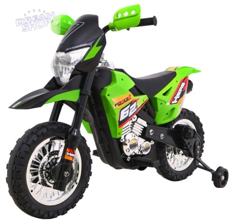 Motorek Cross dla dzieci Pojazd na akumulator Zielony + Pomocnicze kółka + Dźwięki LED Motorek Cross dla dzieci Pojazd na akumulator Zielony + Pomocnicze kółka + Dźwięki LED