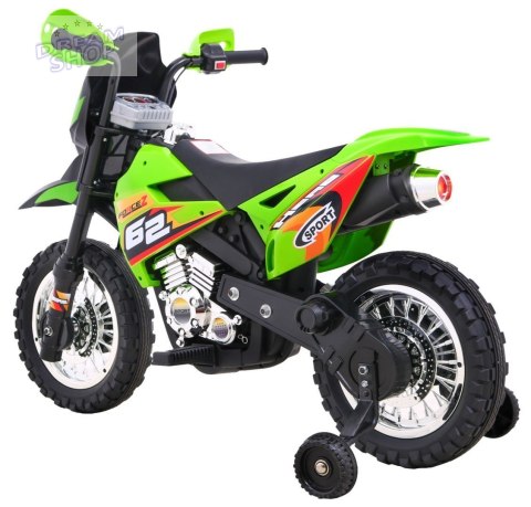 Motorek Cross dla dzieci Pojazd na akumulator Zielony + Pomocnicze kółka + Dźwięki LED Motorek Cross dla dzieci Pojazd na akumulator Zielony + Pomocnicze kółka + Dźwięki LED