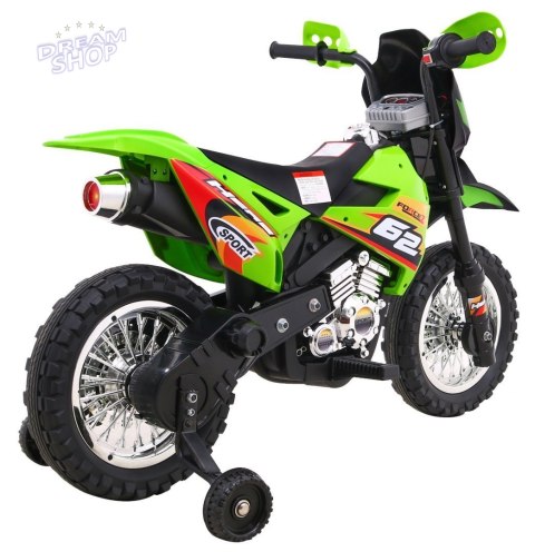 Motorek Cross dla dzieci Pojazd na akumulator Zielony + Pomocnicze kółka + Dźwięki LED Motorek Cross dla dzieci Pojazd na akumulator Zielony + Pomocnicze kółka + Dźwięki LED