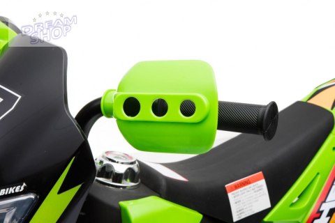 Motorek Cross dla dzieci Pojazd na akumulator Zielony + Pomocnicze kółka + Dźwięki LED Motorek Cross dla dzieci Pojazd na akumulator Zielony + Pomocnicze kółka + Dźwięki LED