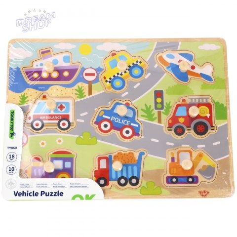 TOOKY TOY Drewniane Puzzle Transport Pojazdy z Pinezkami Do Dopasowania
