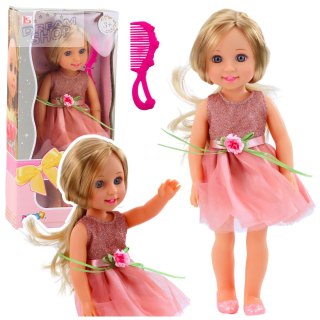 Lalka W Sukience z Kokardką Długie Włosy Różowa Grzebień 38cm