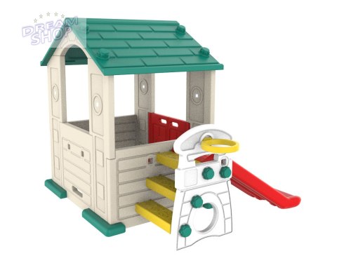 Domek Ogrodowy 3w1 dla dzieci Zielony Dach + Zjeżdżalnia + Koszykówka